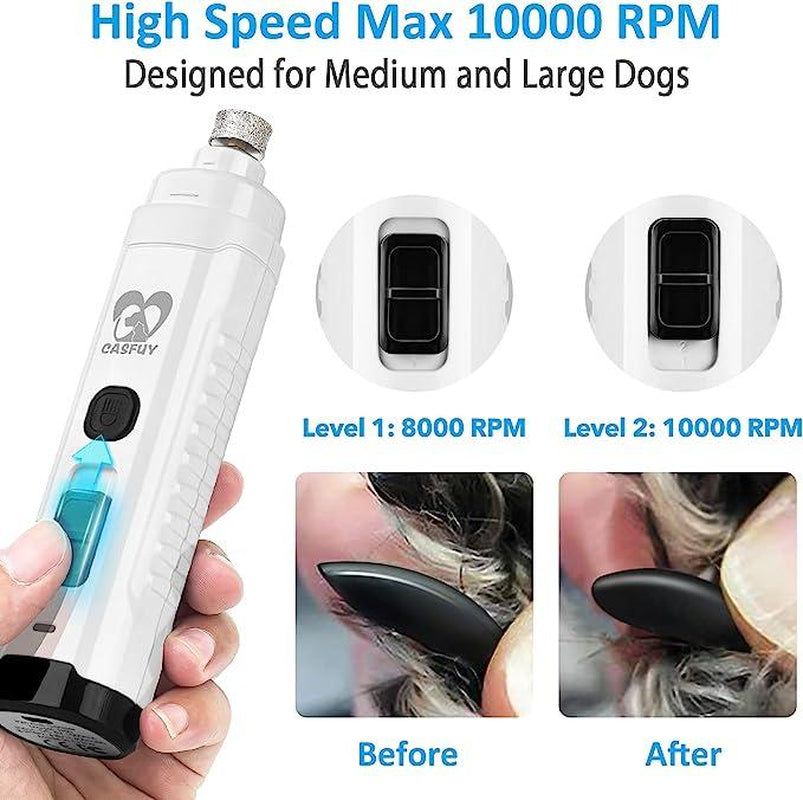 Dog Nail Grinder with 2 LED Light for Medium Large Dogs - 3X More Powerful 2-Speed Electric Rechargeable Pet Nail Trimmer Quiet Painless Paws Grooming & Smoothing Tool