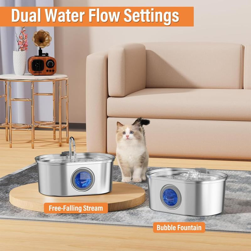 0.8Gal/108Oz Automatic Cat Water Fountain Stainless Steel, Pet Water Fountain, 3 Replacement Carbon Filters, Quiet Pump, Suitable for Cats, Dogs and Multi-Pet Households (Elliptical)
