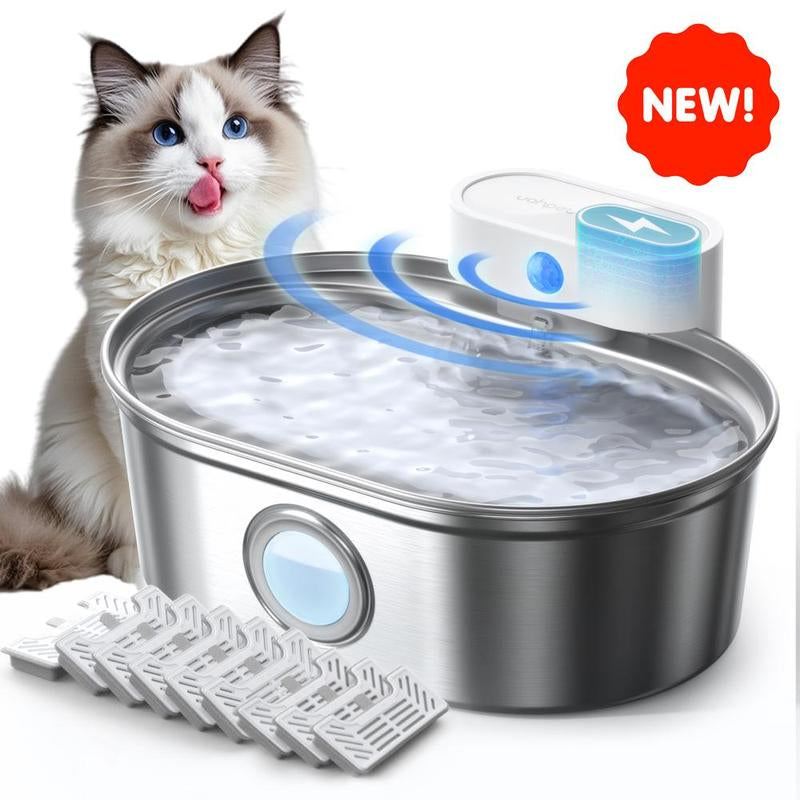 Uahpet Wireless Stainless Steel Cat Water Fountain Pro, Smart Water Dispenser with Replacement Filters, Drinking Bowl for Cats Dogs Rabbits