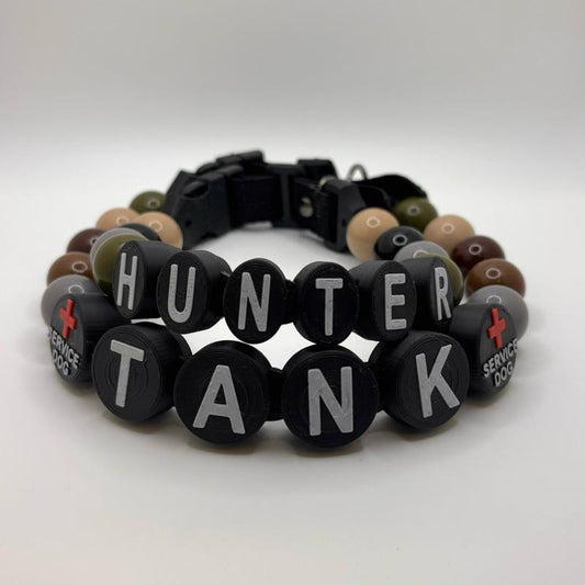 Personalized Dog Collar CAMO EDITION Hunter Tank Custom Name 3D-Printed Block Letters Vibrant Beads Adjustable Fit Durable Design Hand Wash Only