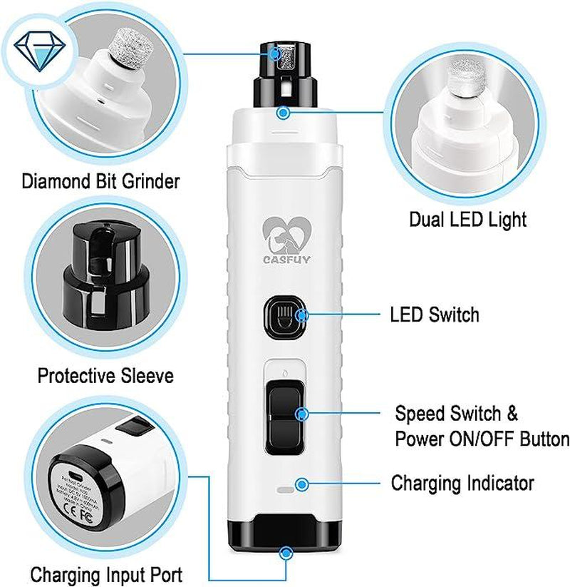 Dog Nail Grinder with 2 LED Light for Medium Large Dogs - 3X More Powerful 2-Speed Electric Rechargeable Pet Nail Trimmer Quiet Painless Paws Grooming & Smoothing Tool
