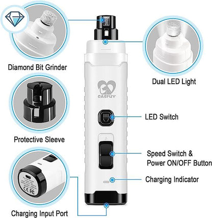 Dog Nail Grinder with 2 LED Light for Medium Large Dogs - 3X More Powerful 2-Speed Electric Rechargeable Pet Nail Trimmer Quiet Painless Paws Grooming & Smoothing Tool