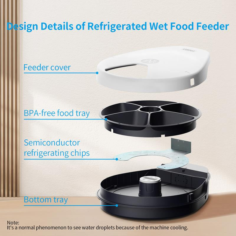 Ubpet Refrigerated Automatic Cat Feeder Wet Food, Wired Auto Cat Dog Food Dispenser for Dry & Wet Food, 5 Meal Timed All-Day Freshness, Semiconductor Cooling, 3 Cooling Modes, Pet Feeder Dish Supplies for Cats & Small Dogs, Easy Clean, Gift for Pets
