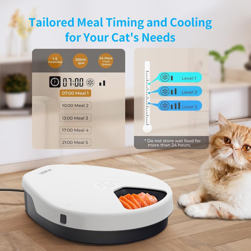 Ubpet Refrigerated Automatic Cat Feeder Wet Food, Wired Auto Cat Dog Food Dispenser for Dry & Wet Food, 5 Meal Timed All-Day Freshness, Semiconductor Cooling, 3 Cooling Modes, Pet Feeder Dish Supplies for Cats & Small Dogs, Easy Clean, Gift for Pets