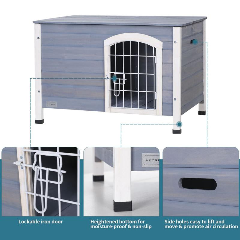 Petsfit Small Dog House for Small Dogs Indoor, Wooden Dog House with Elevated Floor&Anti-Slip Bottom, 31.5''L×21.5''W×21''H