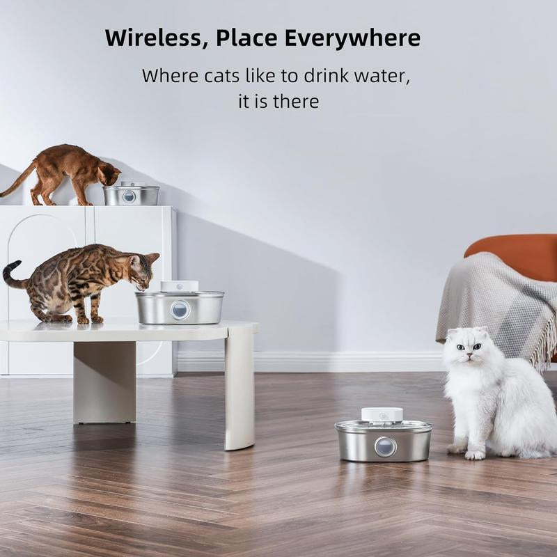 Uahpet Wireless Stainless Steel Cat Water Fountain Pro, Smart Water Dispenser with Replacement Filters, Drinking Bowl for Cats Dogs Rabbits