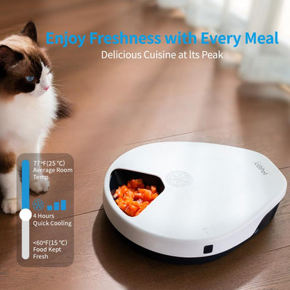 Ubpet Refrigerated Automatic Cat Feeder Wet Food, Wired Auto Cat Dog Food Dispenser for Dry & Wet Food, 5 Meal Timed All-Day Freshness, Semiconductor Cooling, 3 Cooling Modes, Pet Feeder Dish Supplies for Cats & Small Dogs, Easy Clean, Gift for Pets