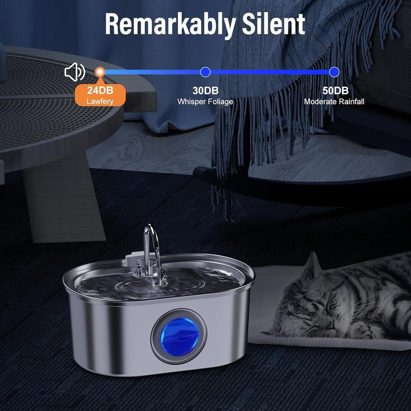 0.8Gal/108Oz Automatic Cat Water Fountain Stainless Steel, Pet Water Fountain, 3 Replacement Carbon Filters, Quiet Pump, Suitable for Cats, Dogs and Multi-Pet Households (Elliptical)