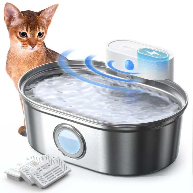 Uahpet Wireless Stainless Steel Cat Water Fountain Pro, Smart Water Dispenser with Replacement Filters, Drinking Bowl for Cats Dogs Rabbits
