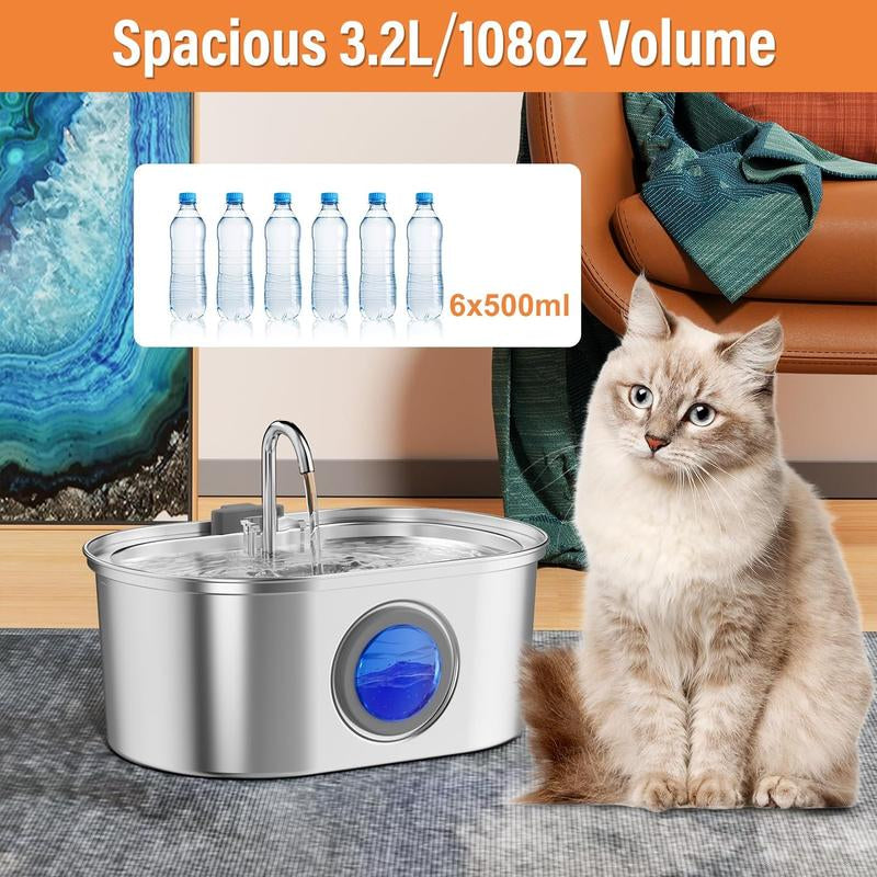 0.8Gal/108Oz Automatic Cat Water Fountain Stainless Steel, Pet Water Fountain, 3 Replacement Carbon Filters, Quiet Pump, Suitable for Cats, Dogs and Multi-Pet Households (Elliptical)